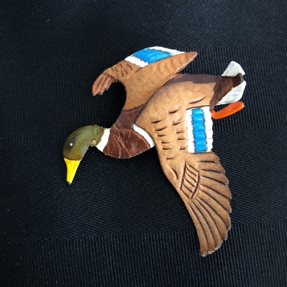 Vtg Tooled Leather Mallard Duck Brooch - Picture 3 of 12